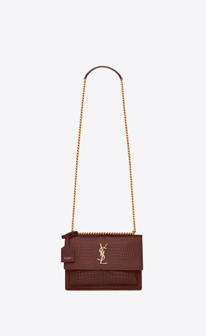 YSL Sunset Medium Chain Bag In Crocodile-embossed Shiny Leder Rot | 19524-BUPR