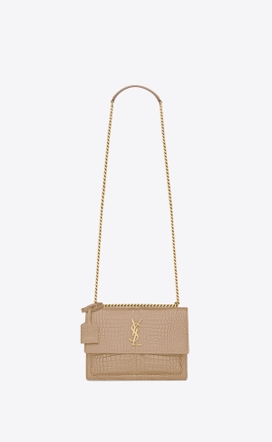YSL Sunset Medium Chain Bag In Crocodile-embossed Shiny Leder Dunkelbeige | 32641-OKAP