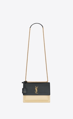 YSL Sunset Medium Chain Bag In Smooth Leder Schwarz Weiß | 17209-QBHD