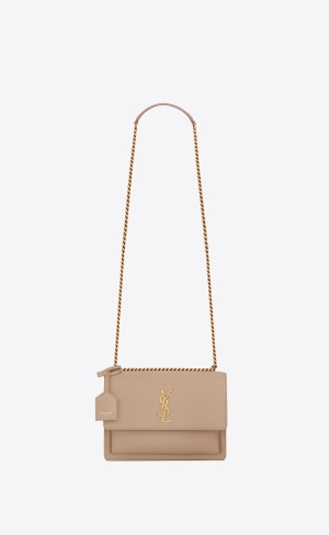 YSL Sunset Medium Chain Bag In Smooth Leder Dunkelbeige | 81650-NTUF