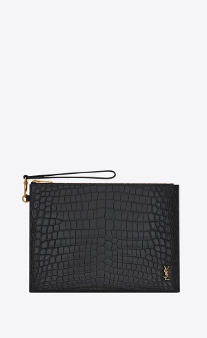 YSL Tiny Cassandre Zip Tablet Holder In Crocodile-embossed Leder Noir | 81390-LFRV