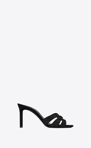 YSL Tribute Mules In Wildleder With Rhinestones Schwarz | 25918-JLSQ