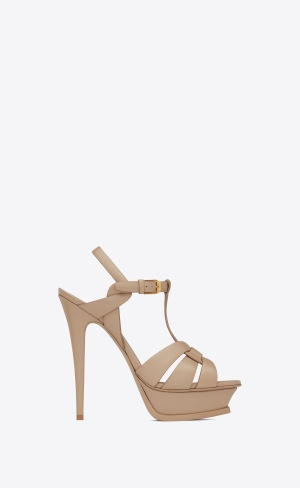 YSL Tribute Plattform Sandals In Smooth Leder Dunkelbeige | 29034-GLOR