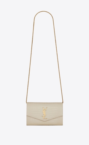 YSL Uptown Chain Wallet In Crocodile-embossed Shiny Leder Blanc Vintage | 25796-VJIT