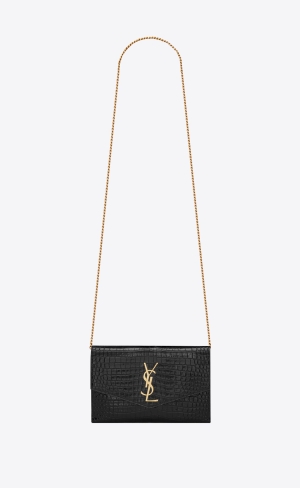 YSL Uptown Chain Wallet In Crocodile-embossed Shiny Leder Noir | 68142-NSIQ