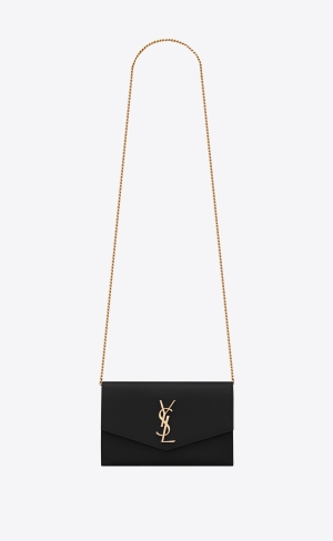 YSL Uptown Chain Wallet In Grain De Poudre Embossed Leder Schwarz | 03918-OSTN