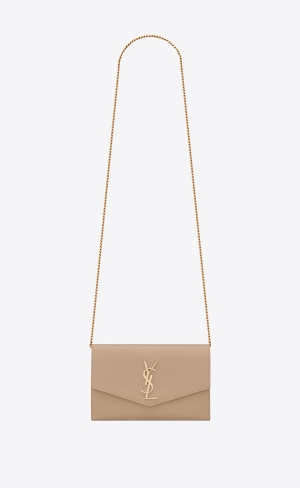 YSL Uptown Chain Wallet In Grain De Poudre Embossed Leder Dunkelbeige | 39027-KICV