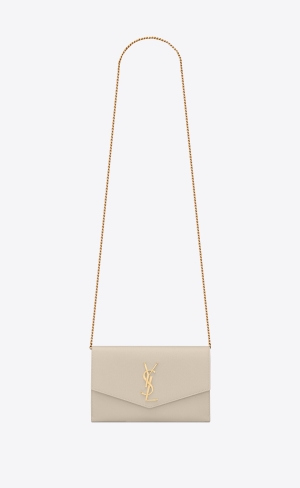 YSL Uptown Chain Wallet In Grain De Poudre Embossed Leder Blanc Vintage | 91426-VFEB