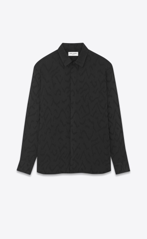 YSL Yves Collar Klassische Shirt In Matte And Shiny Silk Schwarz | 73219-WLHM